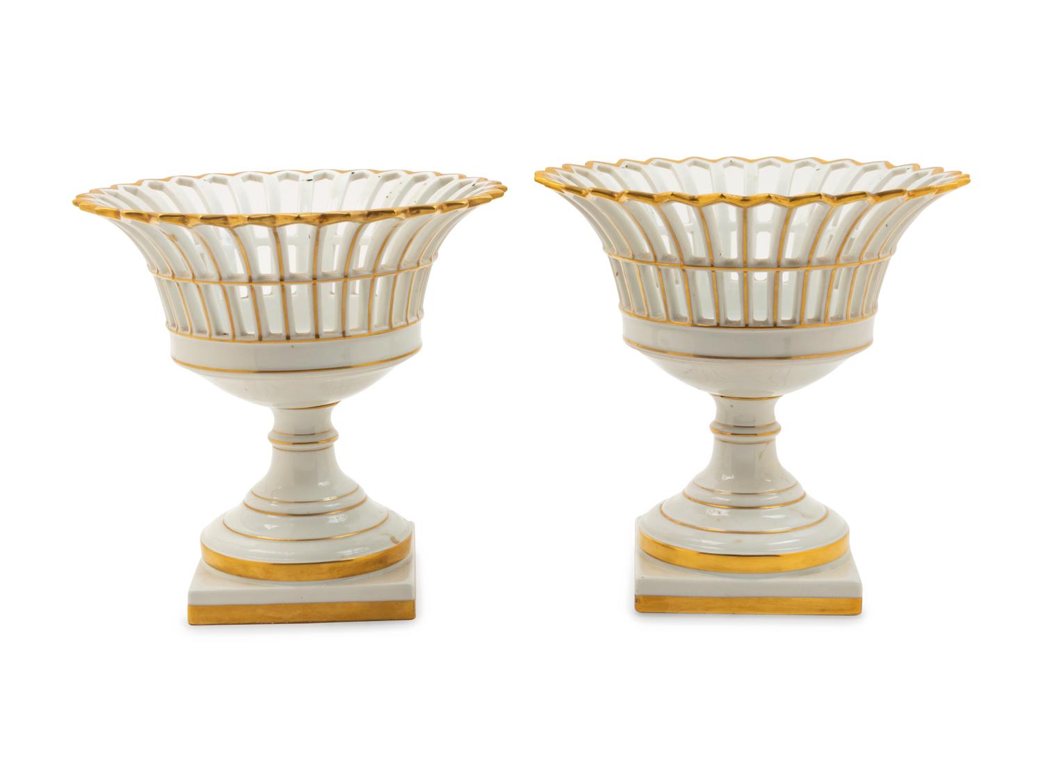 A Pair of Portuguese Parcel Gilt Reticulated Porcelain Baskets