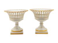 A Pair of Portuguese Parcel Gilt Reticulated Porcelain Baskets