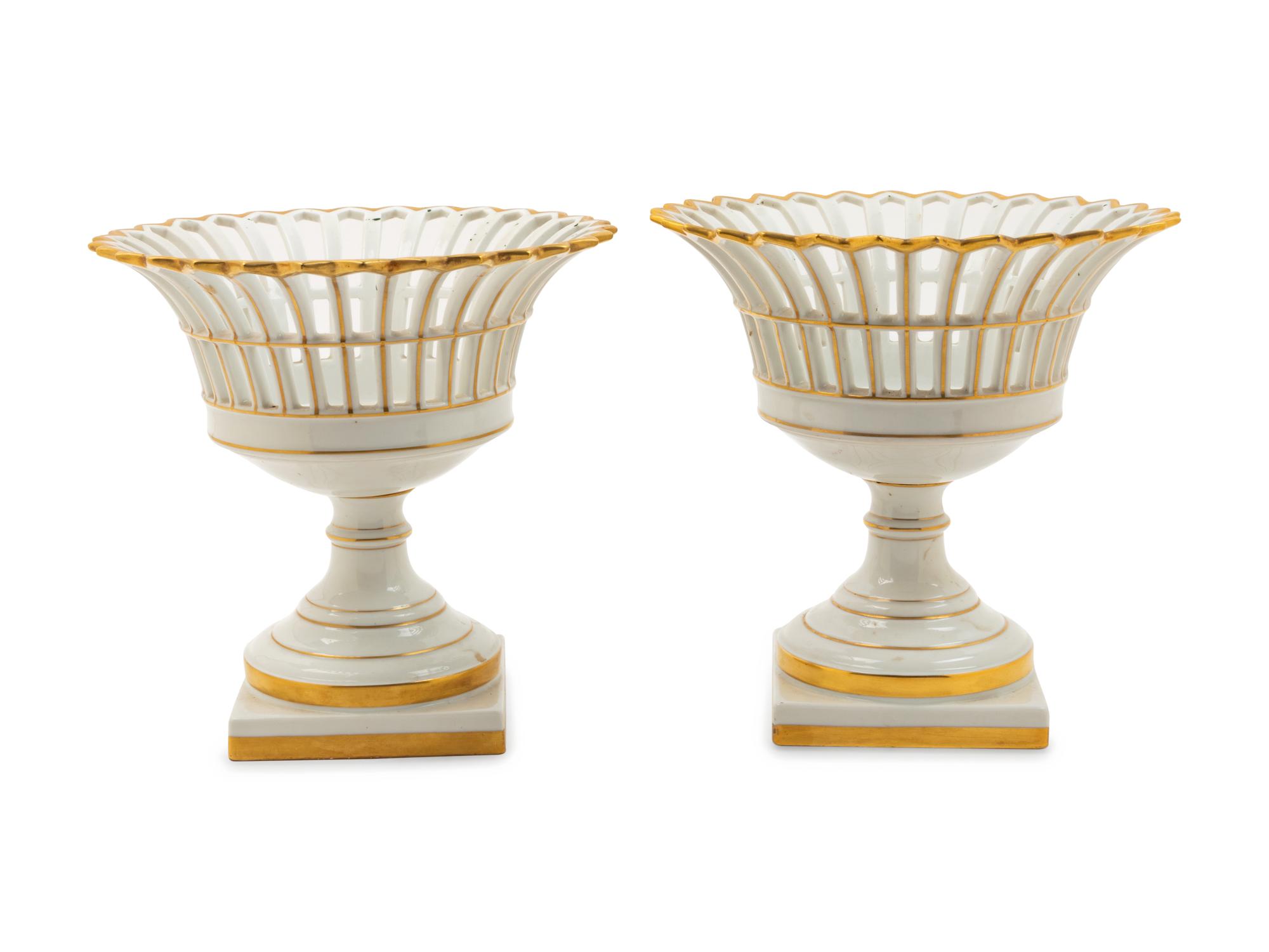 A Pair of Portuguese Parcel Gilt Reticulated Porcelain Baskets