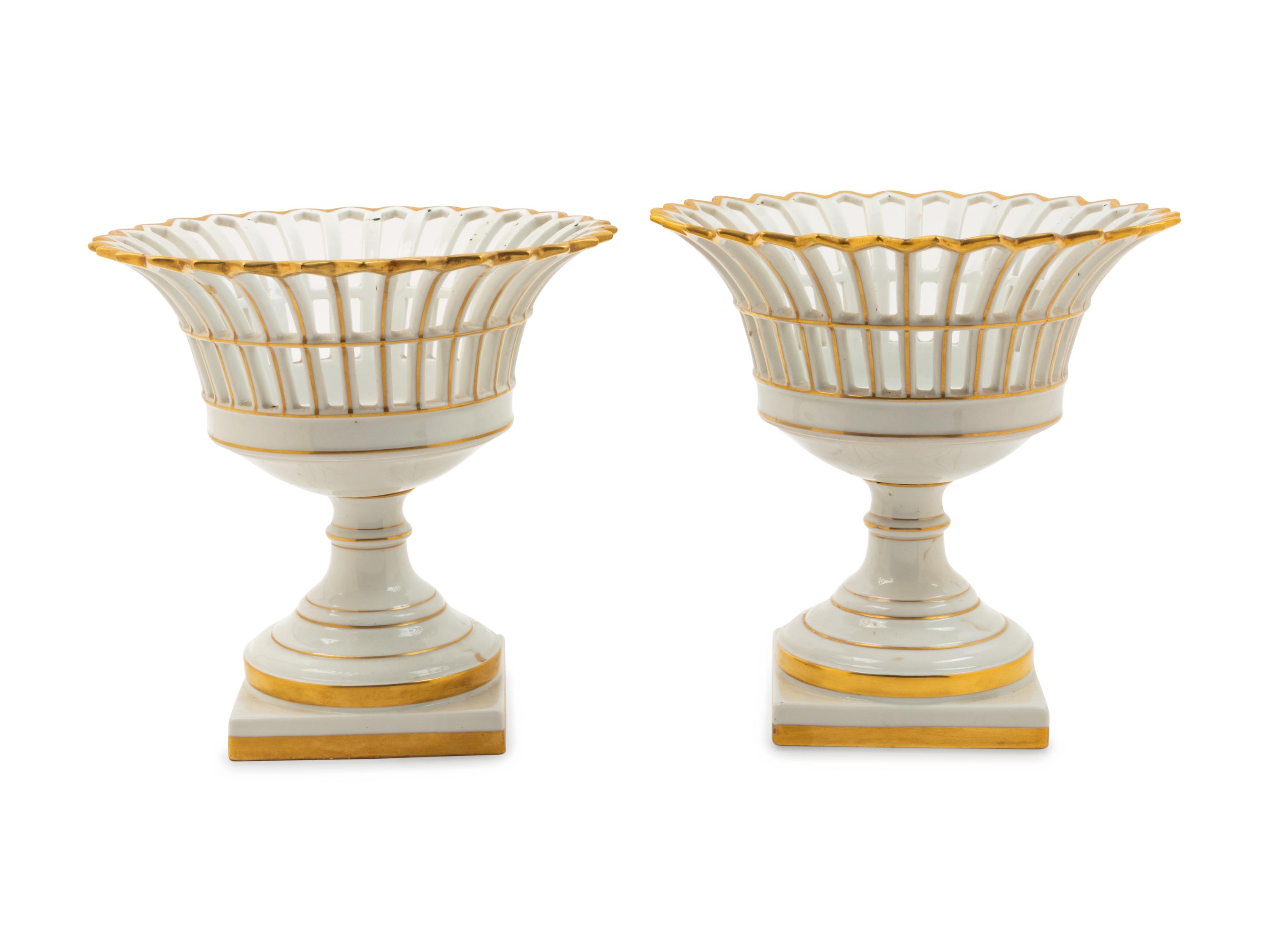 A Pair of Portuguese Parcel Gilt Reticulated Porcelain Baskets