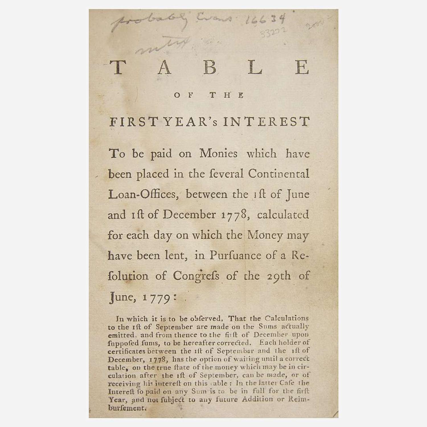 [Hamilton, Alexander] [American Revolution] Table of the First Year's Interest To be paid on Monies which have been placed in the several Continental Loan-Offices...