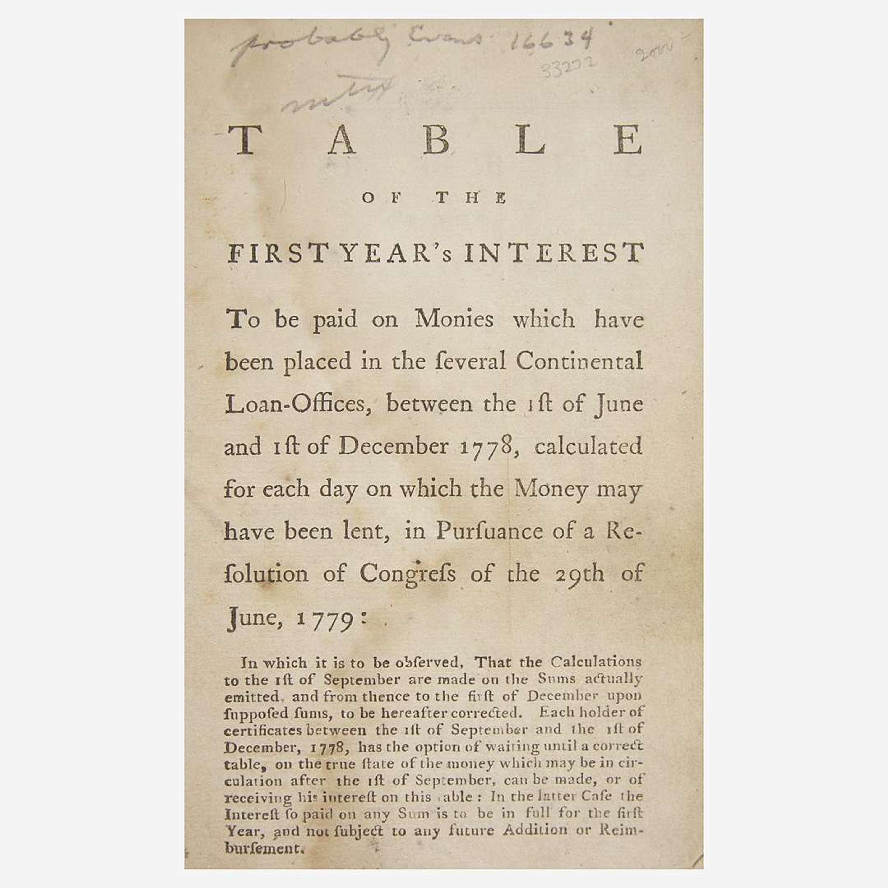 [Hamilton, Alexander] [American Revolution] Table of the First Year's Interest To be paid on Monies which have been placed in the several Continental Loan-Offices...