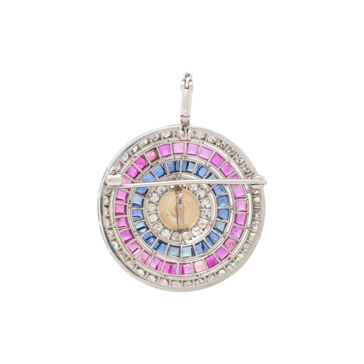 PLATINUM, DIAMOND, SAPPHIRE, RUBY, CULTURED PEARL PENDANT/BROOCH