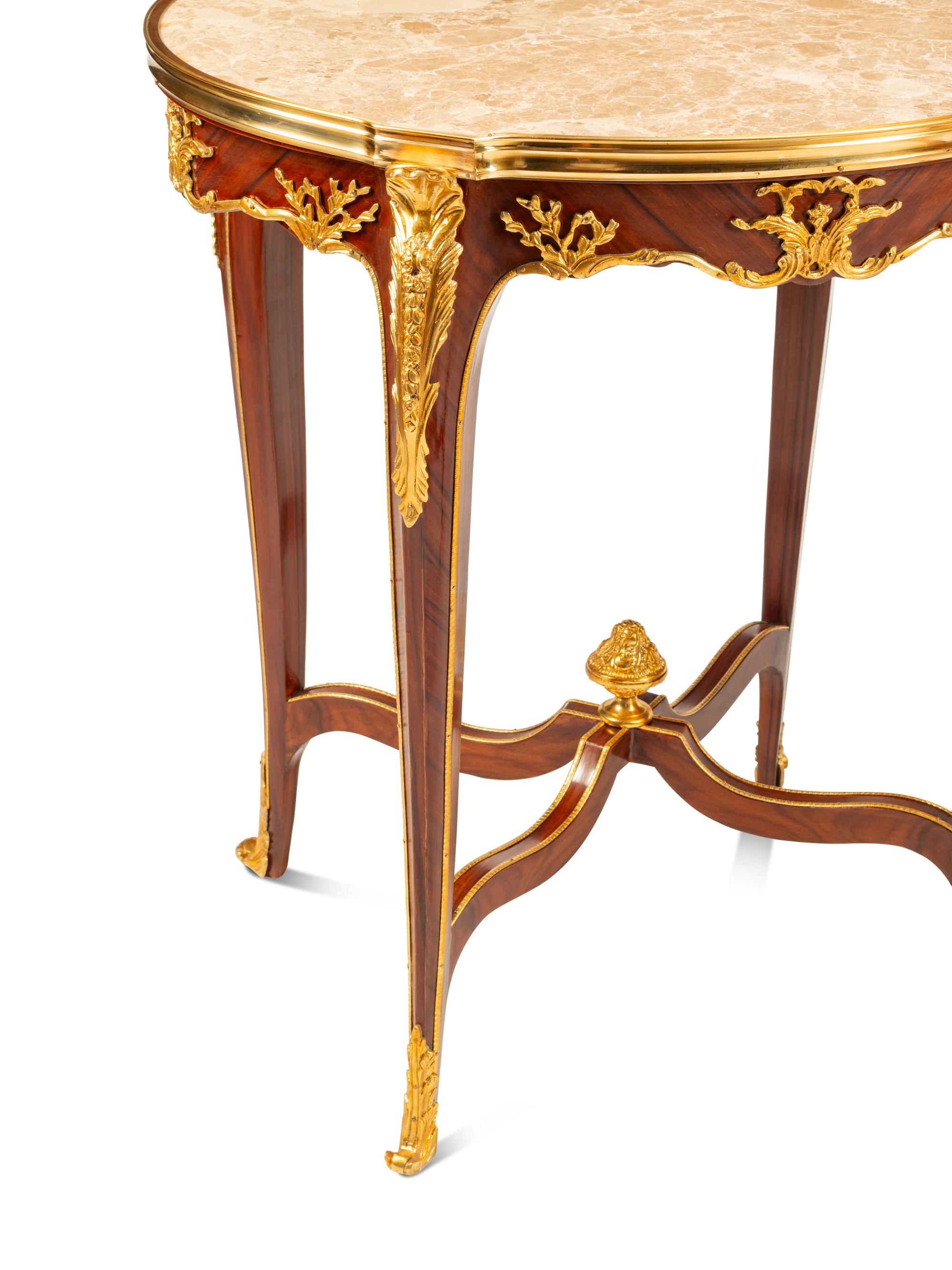 A Pair of Louis XV Style Gilt Bronze Mounted Marble-Top Side Tables