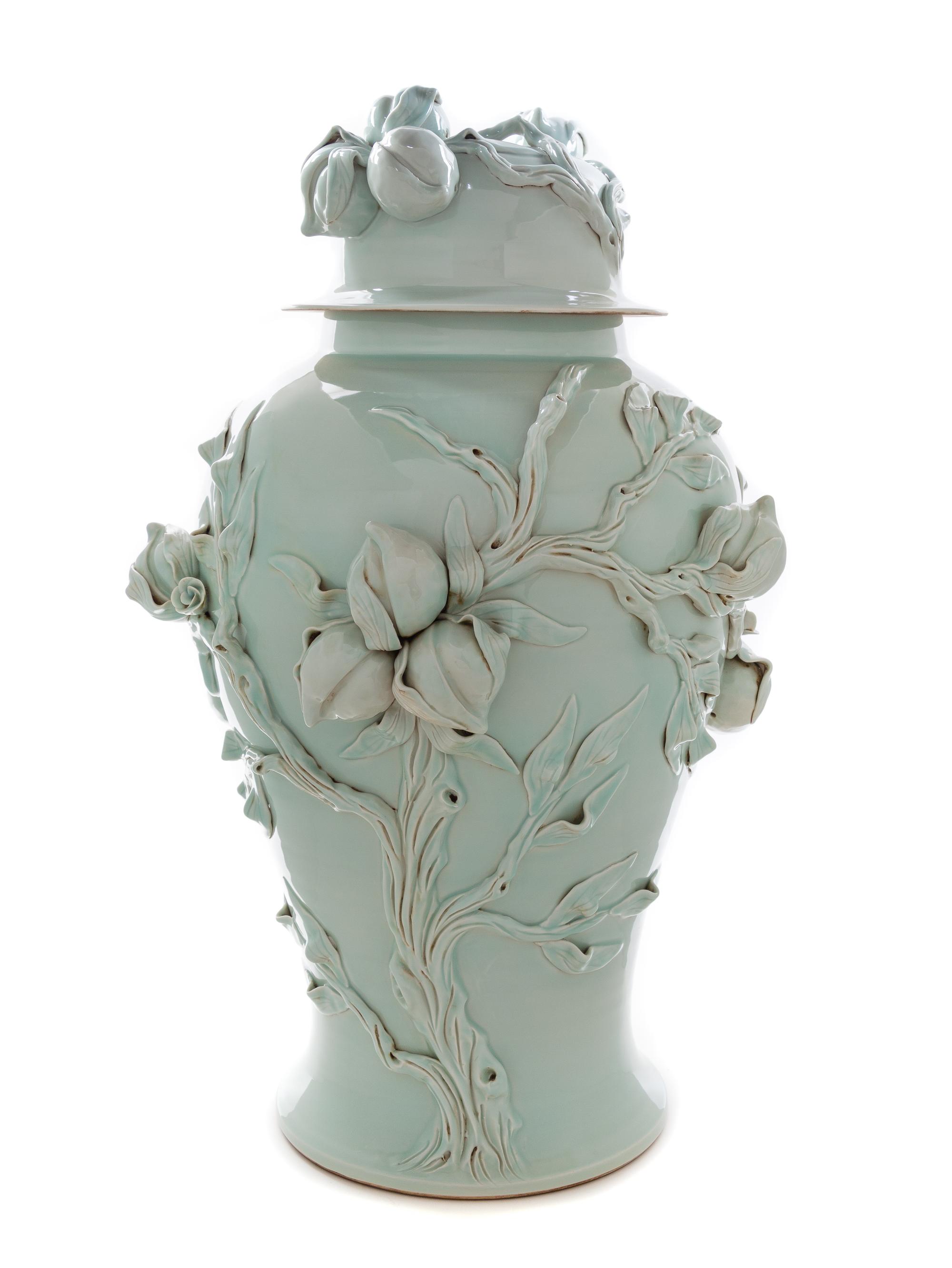 A Large Celadon Porcelain Vase and Cover Height 33 inches. — 20TH CENTURY