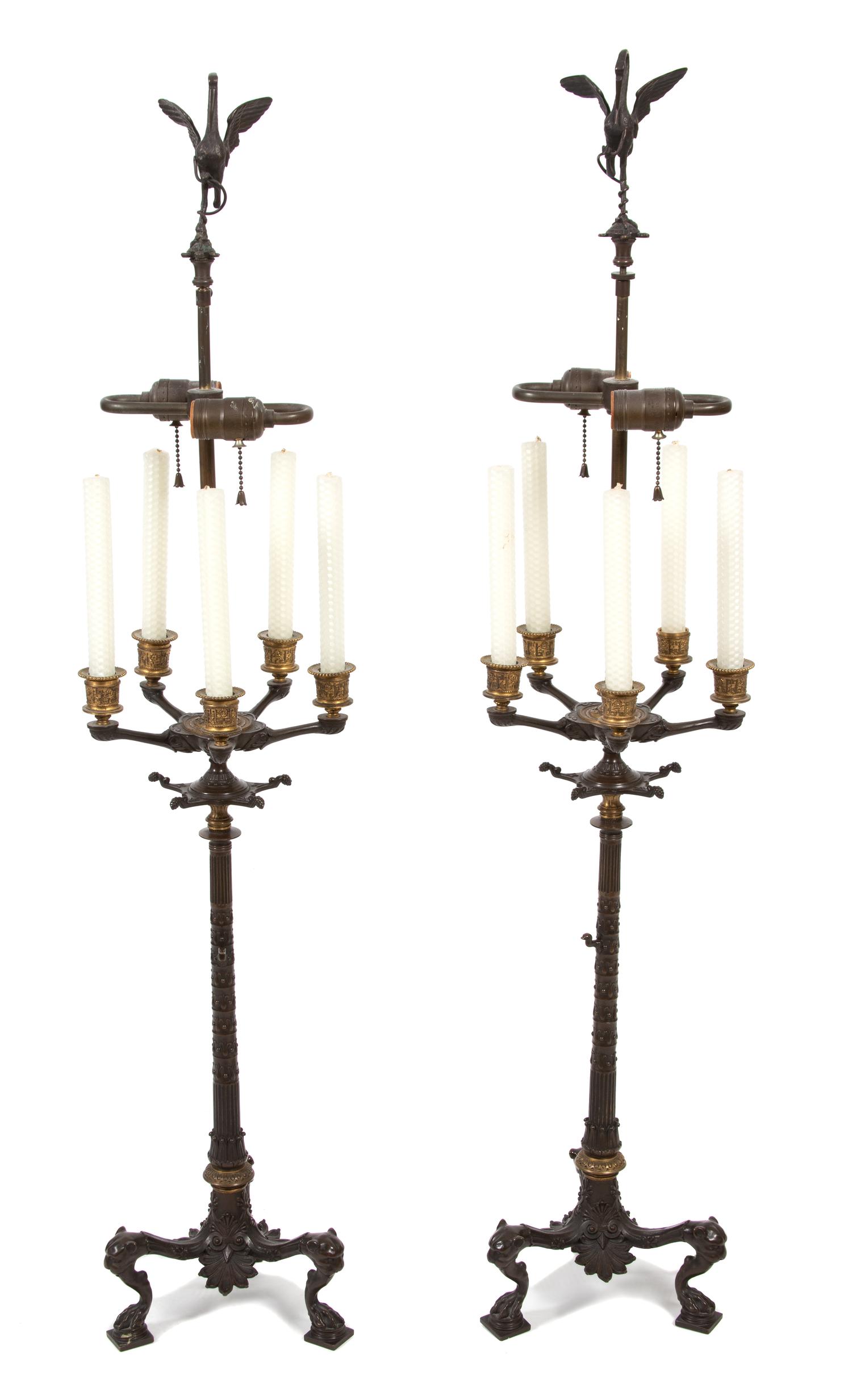 A Pair of Neoclassical Bronze and Gilt Bronze Five-Light Candelabra Height 43 x diameter 9 1/2 inches. — 19TH CENTURY