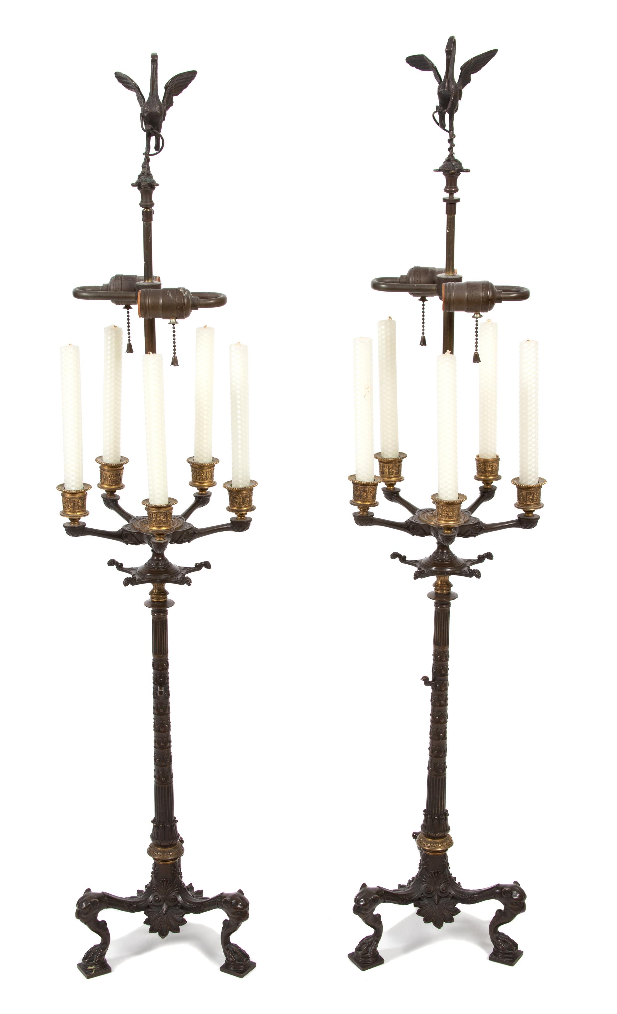 A Pair of Neoclassical Bronze and Gilt Bronze Five-Light Candelabra Height 43 x diameter 9 1/2 inches. — 19TH CENTURY