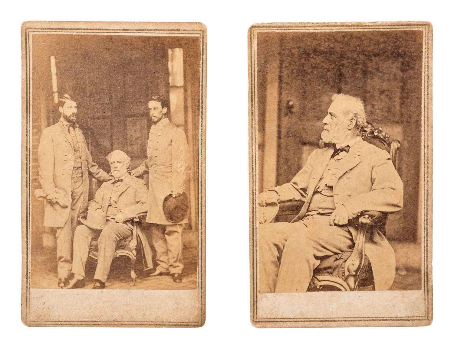 [LEE, Robert E. (1807-1870)]. BRADY, Mathew (1822-1896), photographer. Two CDVs of Robert E. Lee and his staff. New York: E. & H.T. Anthony, [1865].