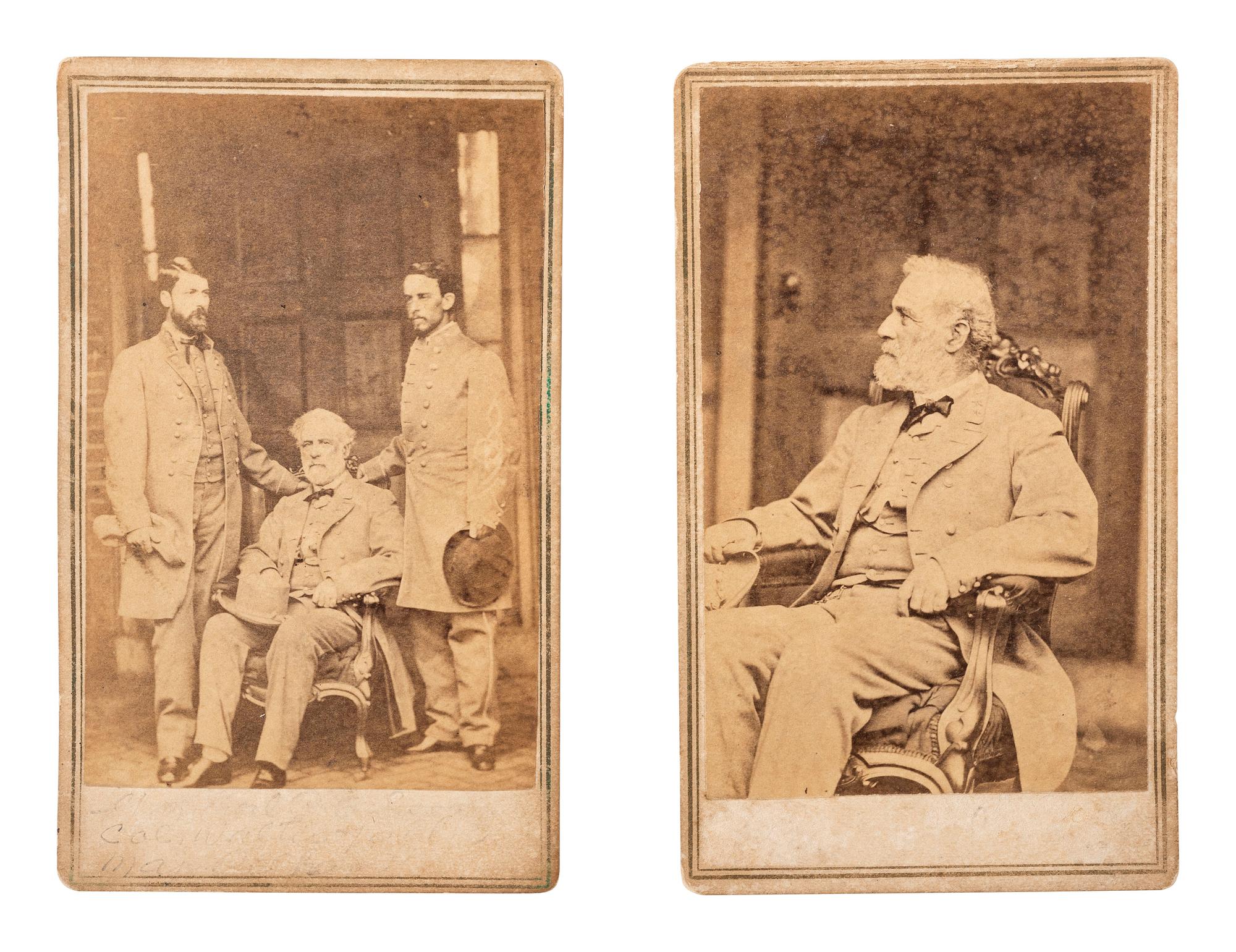 [LEE, Robert E. (1807-1870)]. BRADY, Mathew (1822-1896), photographer. Two CDVs of Robert E. Lee and his staff. New York: E. & H.T. Anthony, [1865].
