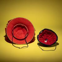 A Chinese Red Silk Floss Mandarin's Summer Hat with a Single-Eyed Plume and an Original Hat Box, 18th/19th Century — 清中期 三品夏朝冠配蓝玻璃頂戴及单眼花翎單眼花翎（附盒）