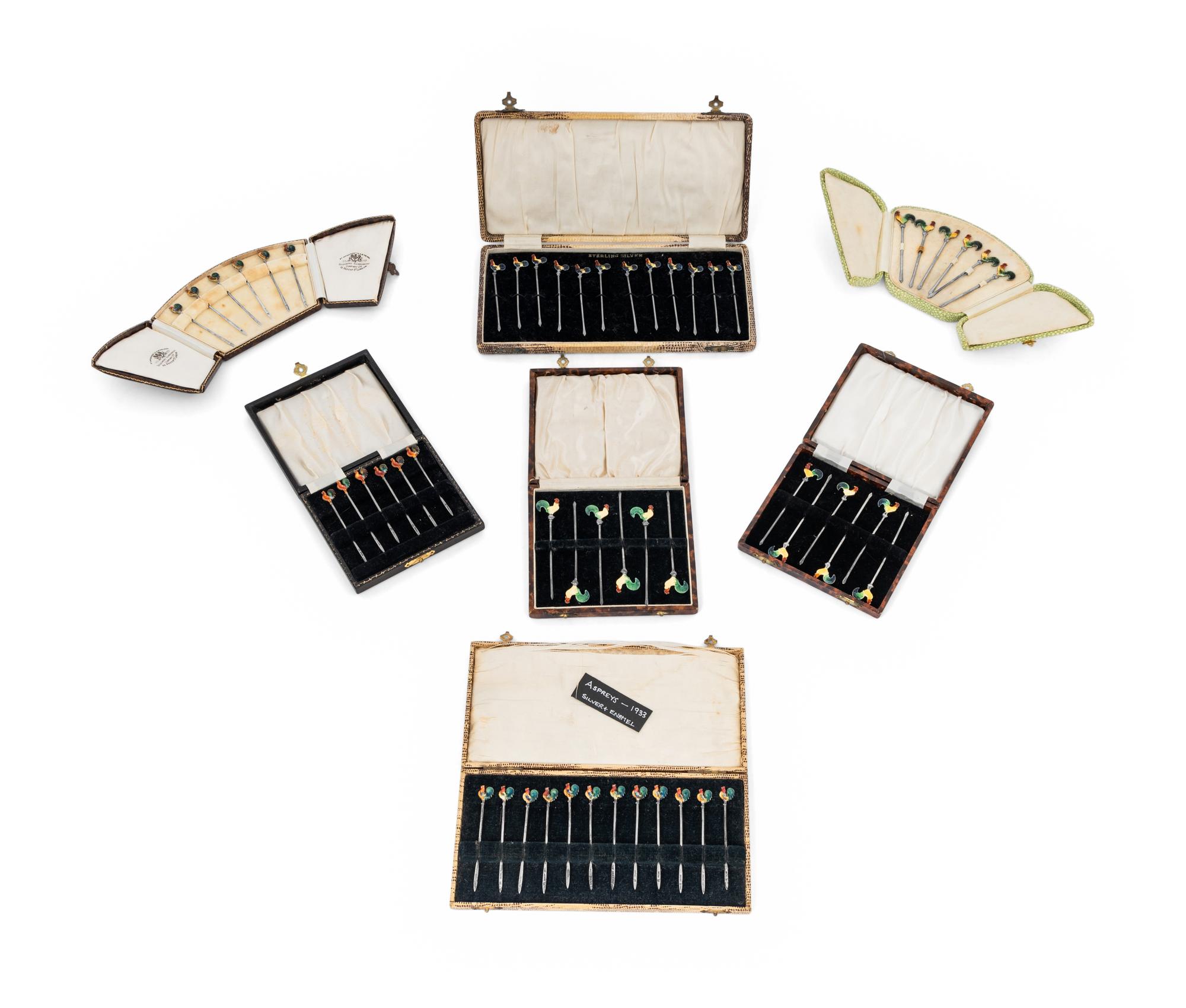 A Collection of Enameled Silver 'Rooster' Cocktail Picks