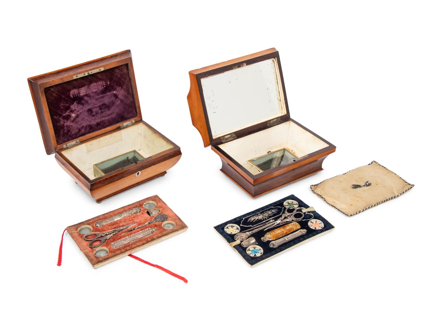 Two Palais Royal Sarcophagus-Form Musical Sewing Necessaires