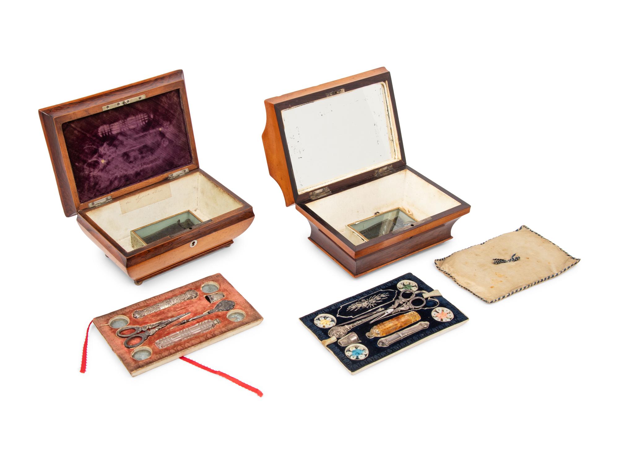 Two Palais Royal Sarcophagus-Form Musical Sewing Necessaires