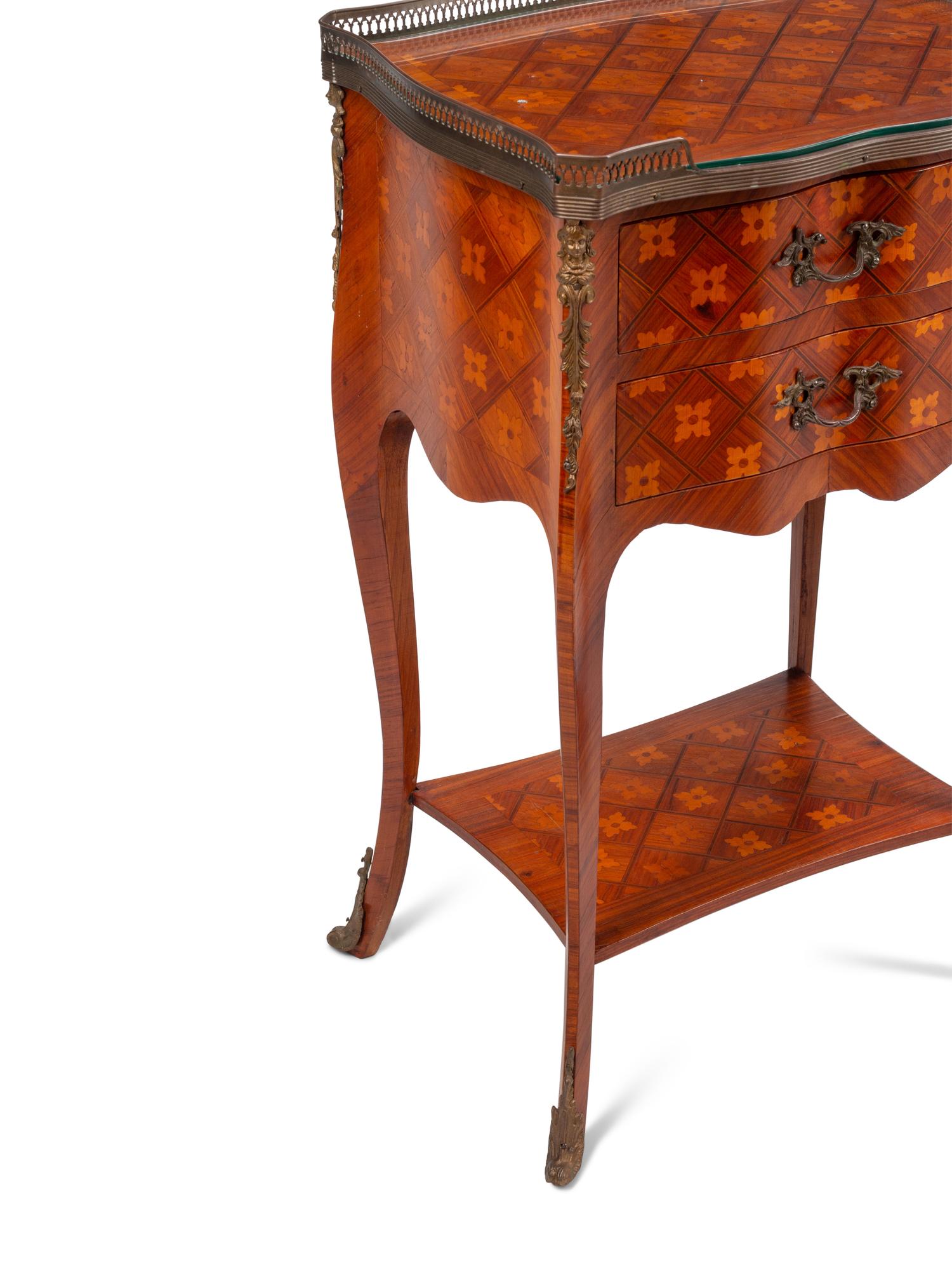 A Pair of Louis XV/XVI Transitional Style Marquetry Tables en Chiffonier