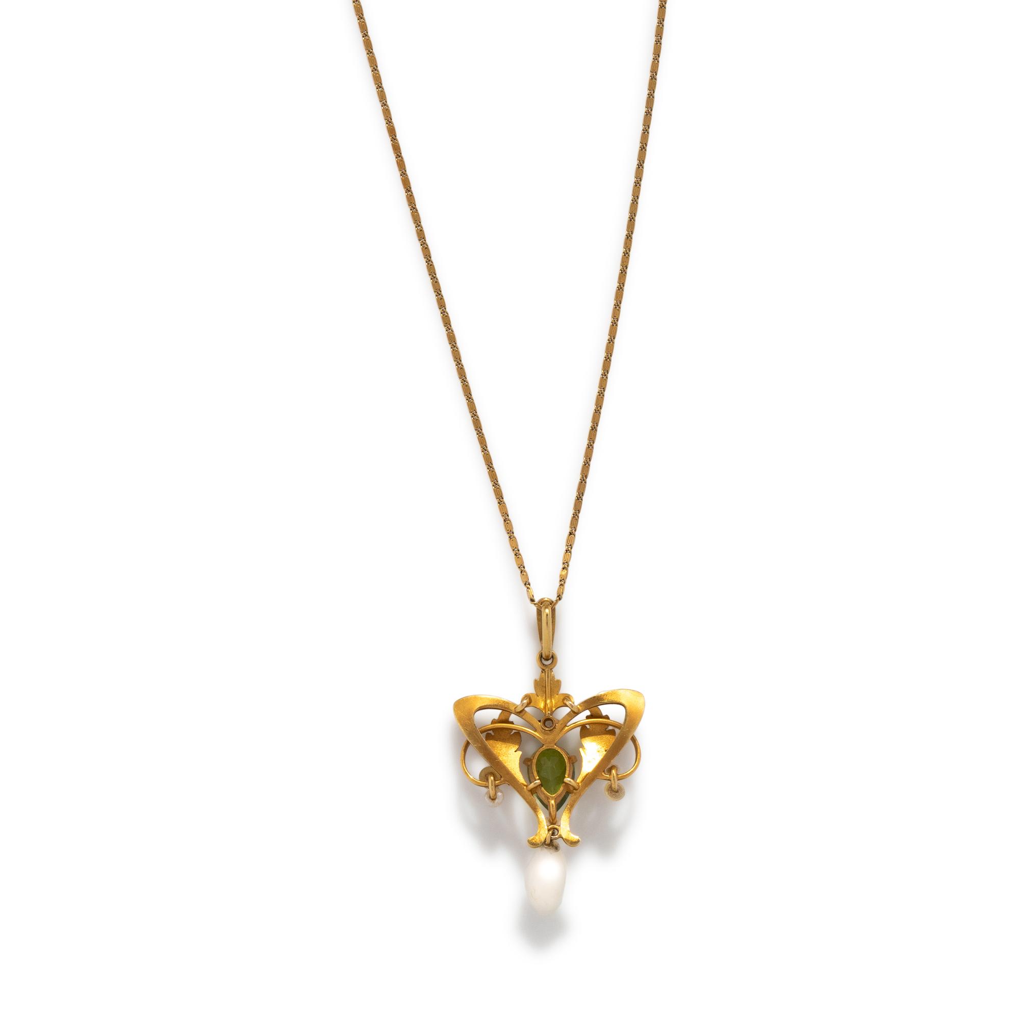ART NOUVEAU, PERIDOT, DIAMOND, PEARL AND ENAMEL PENDANT/NECKLACE