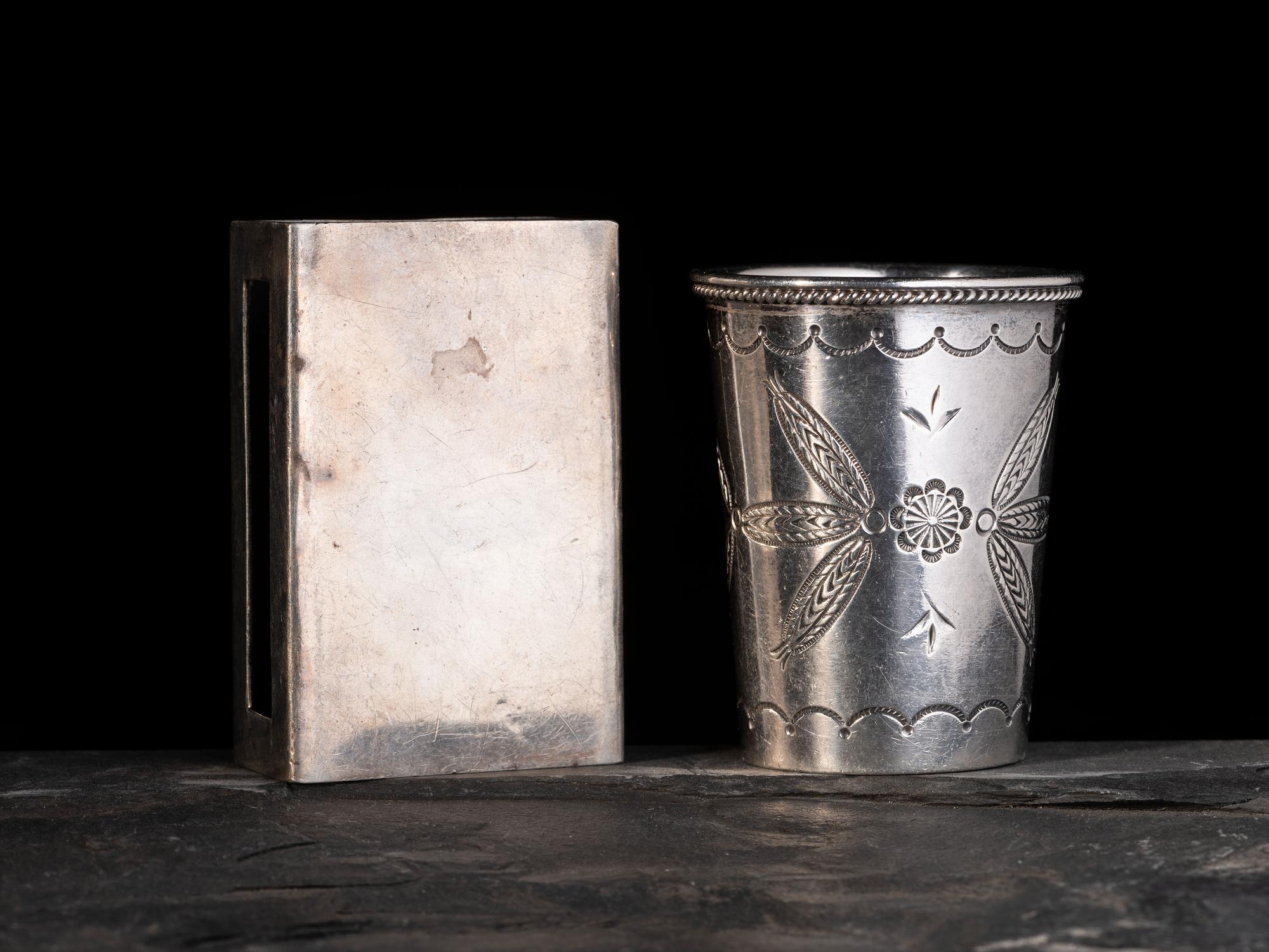 Sterling Silver Knifewing Shot Glass, PLUS a Navajo Silver and Turquoise Match Box Cover