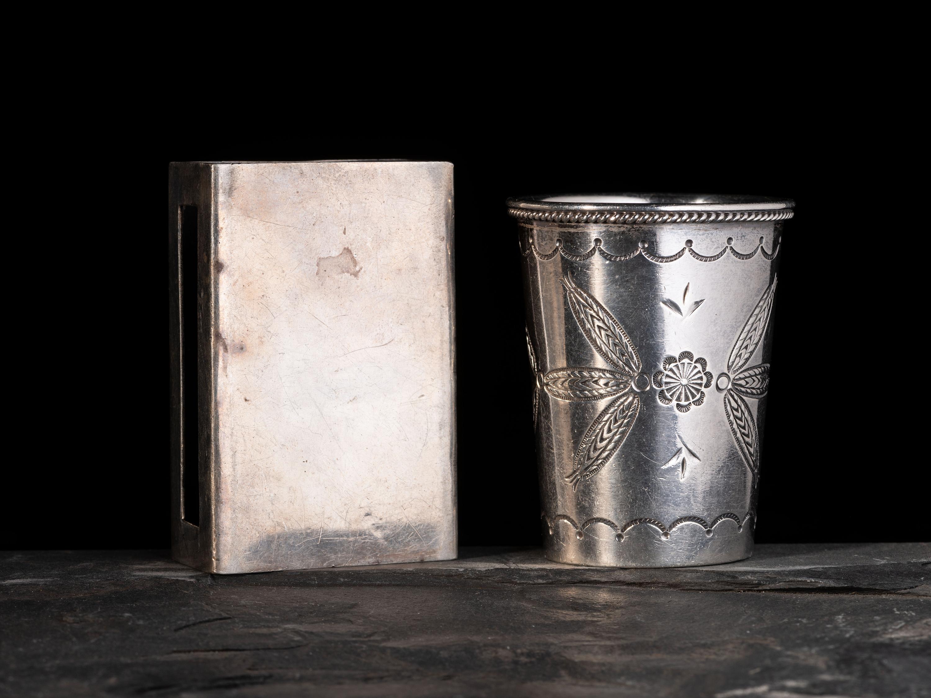Sterling Silver Knifewing Shot Glass, PLUS a Navajo Silver and Turquoise Match Box Cover