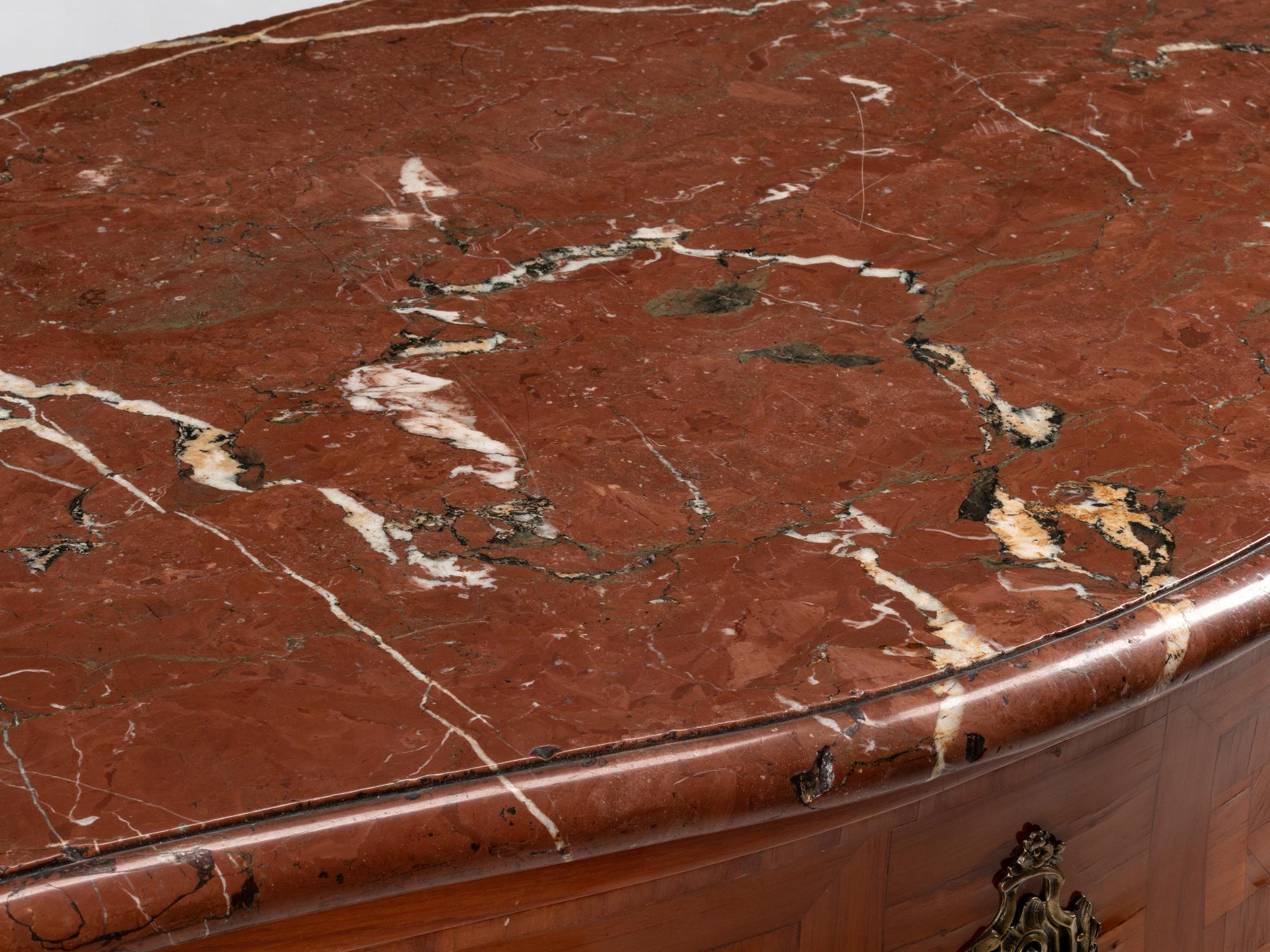 A Louis XV Style Gilt Bronze Mounted Parquetry Marble-Top Commode