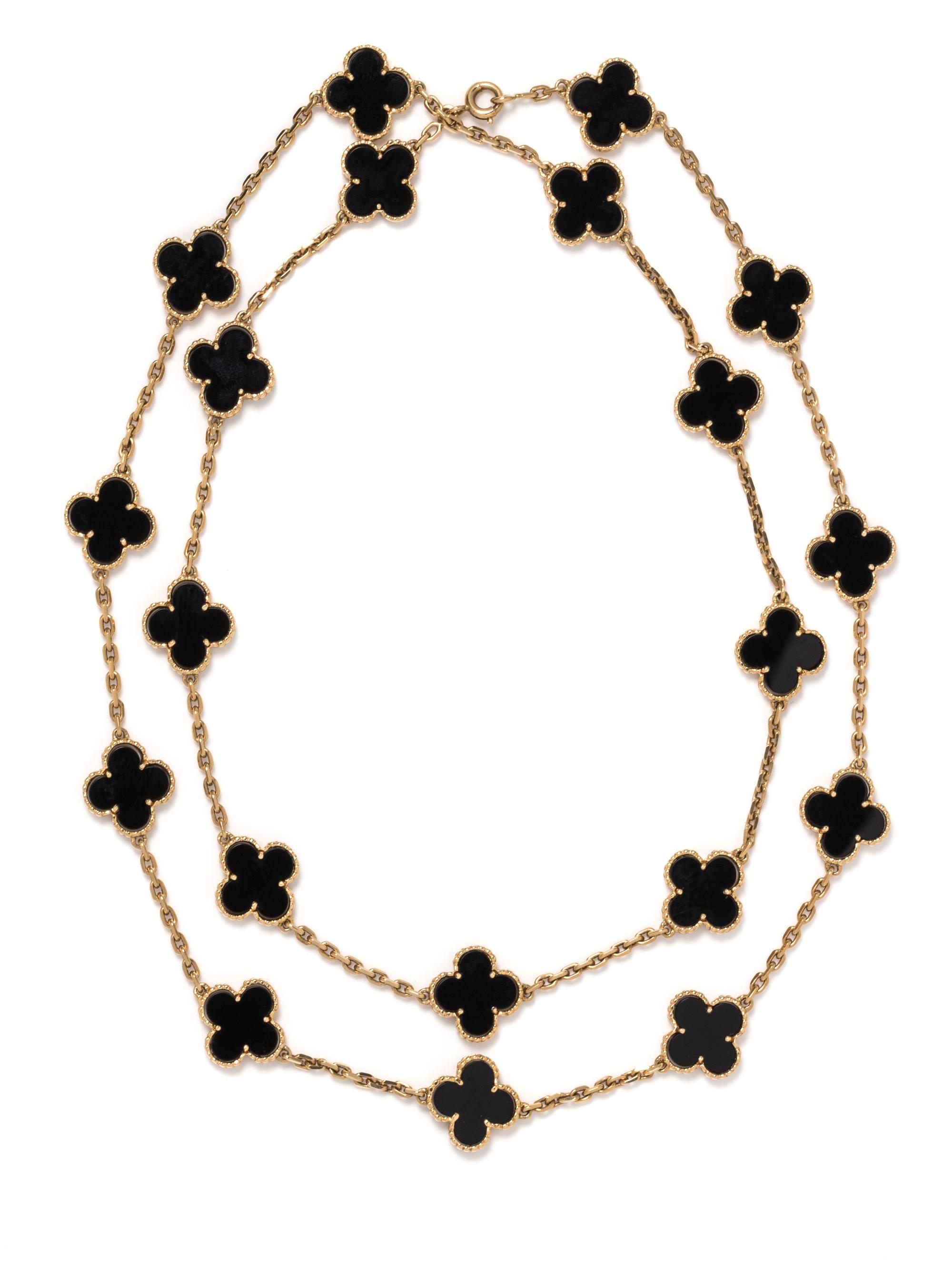 VAN CLEEF & ARPELS, YELLOW GOLD AND ONYX 'ALHAMBRA' NECKLACE