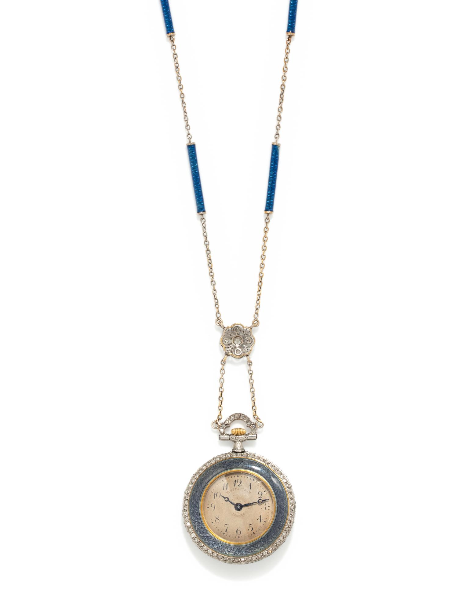 TIFFANY & CO., EDWARDIAN, DIAMOND AND ENAMEL WATCH PENDANT