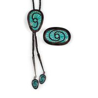 Silver and Turquoise Channel Inlay Belt Buckle and Matching Bolo Tie