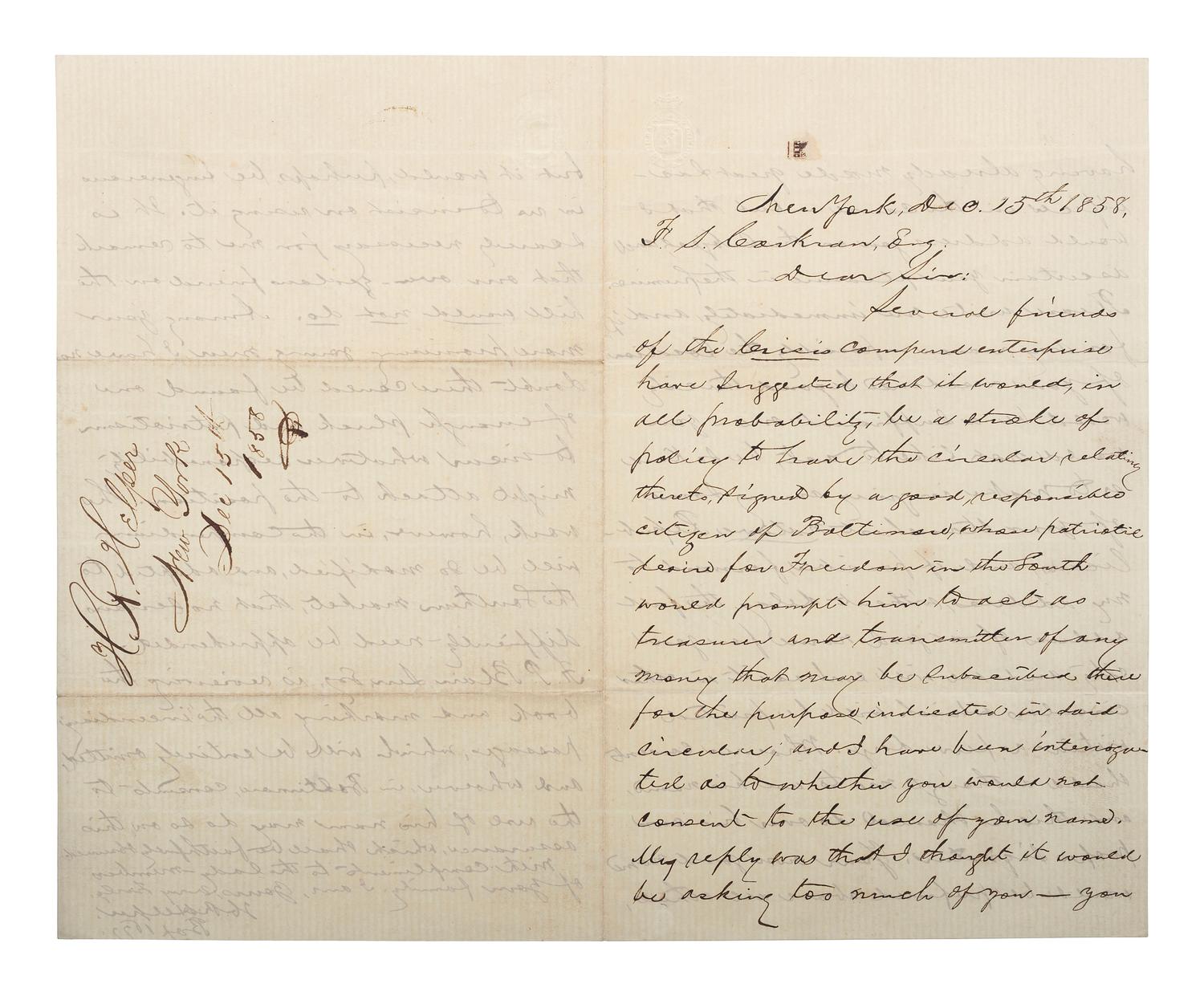 [SLAVERY & ABOLITION] -- [COCKRAN, Francis S. (1814-1886)]. Archive of letters to Maryland abolitionist and Underground Railroad supporter, comprising: