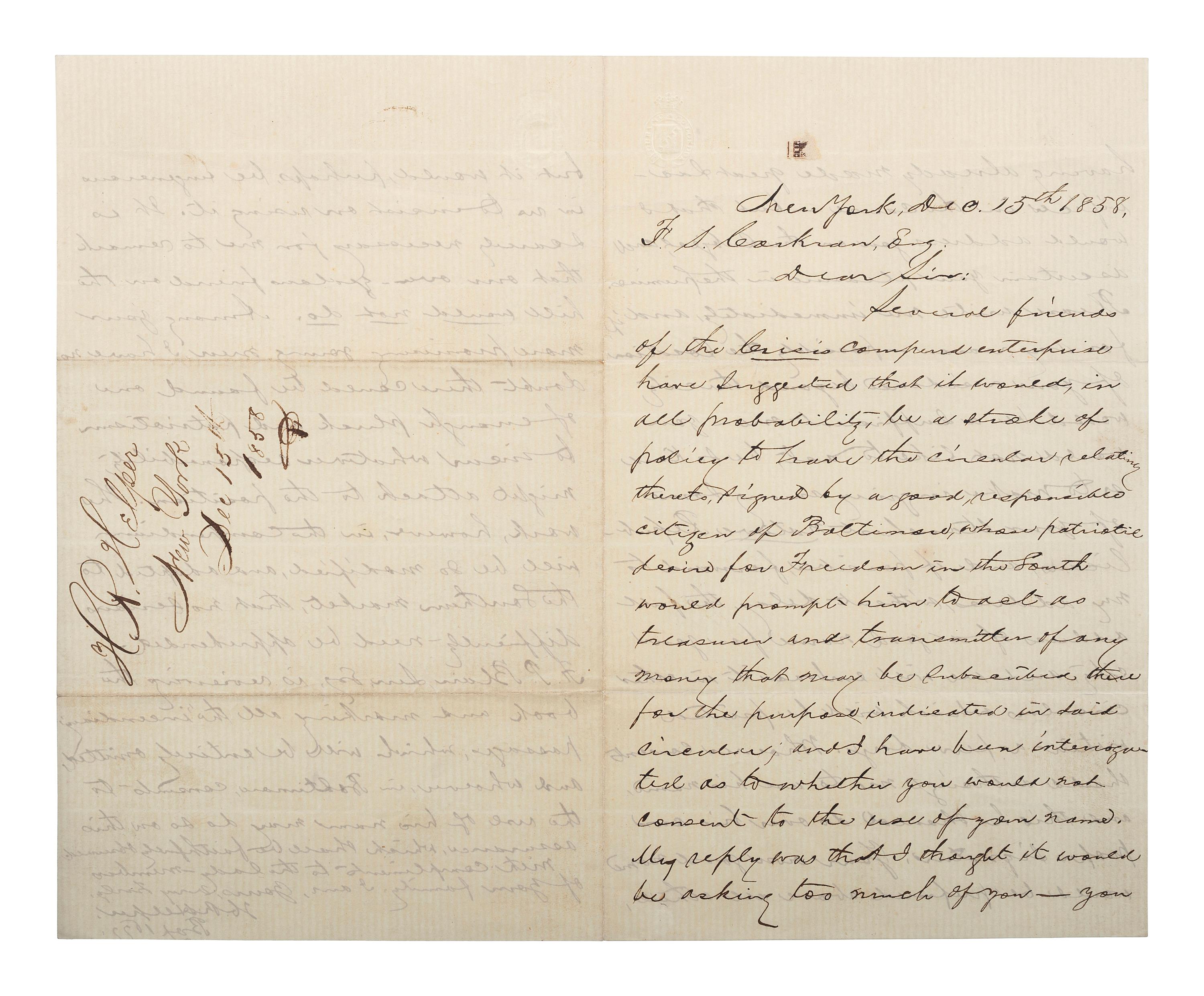 [SLAVERY & ABOLITION] -- [COCKRAN, Francis S. (1814-1886)]. Archive of letters to Maryland abolitionist and Underground Railroad supporter, comprising: