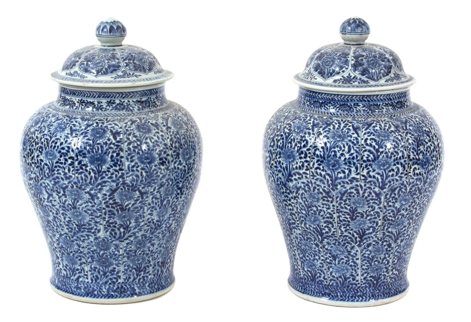 A Pair of Blue and White Chinese Export Porcelain Covered Jars — 19TH CENTURY
