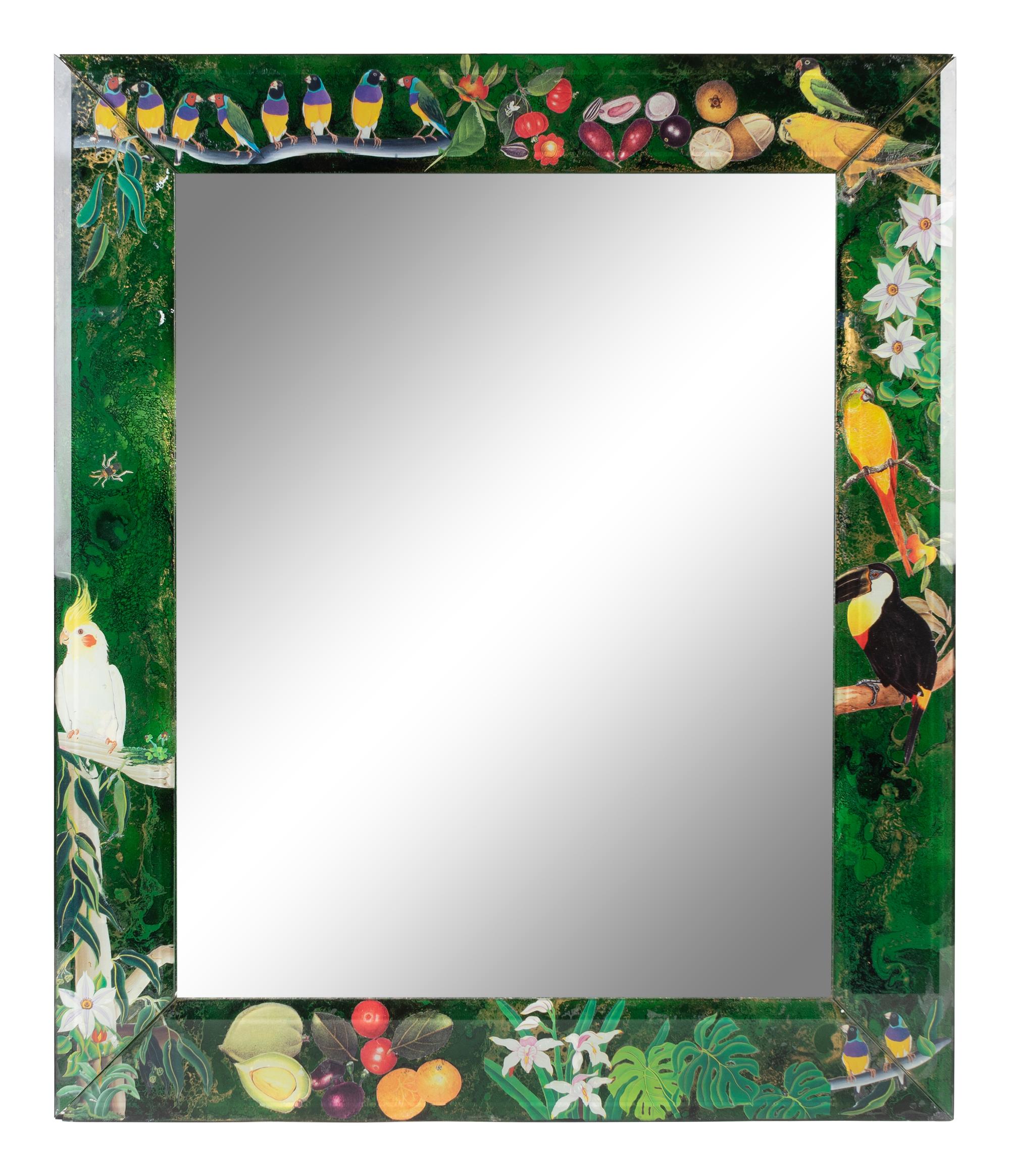 A Reverse Painted Mirror depicting Tropical Flora and Fauna — 20TH CENTURY