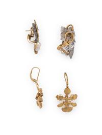 TWO PAIRS OF GOLD AND DIAMOND BOTANICAL EARRINGS