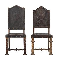 Six Mizner Carved Walnut and Embossed Leather Back Side Chairs