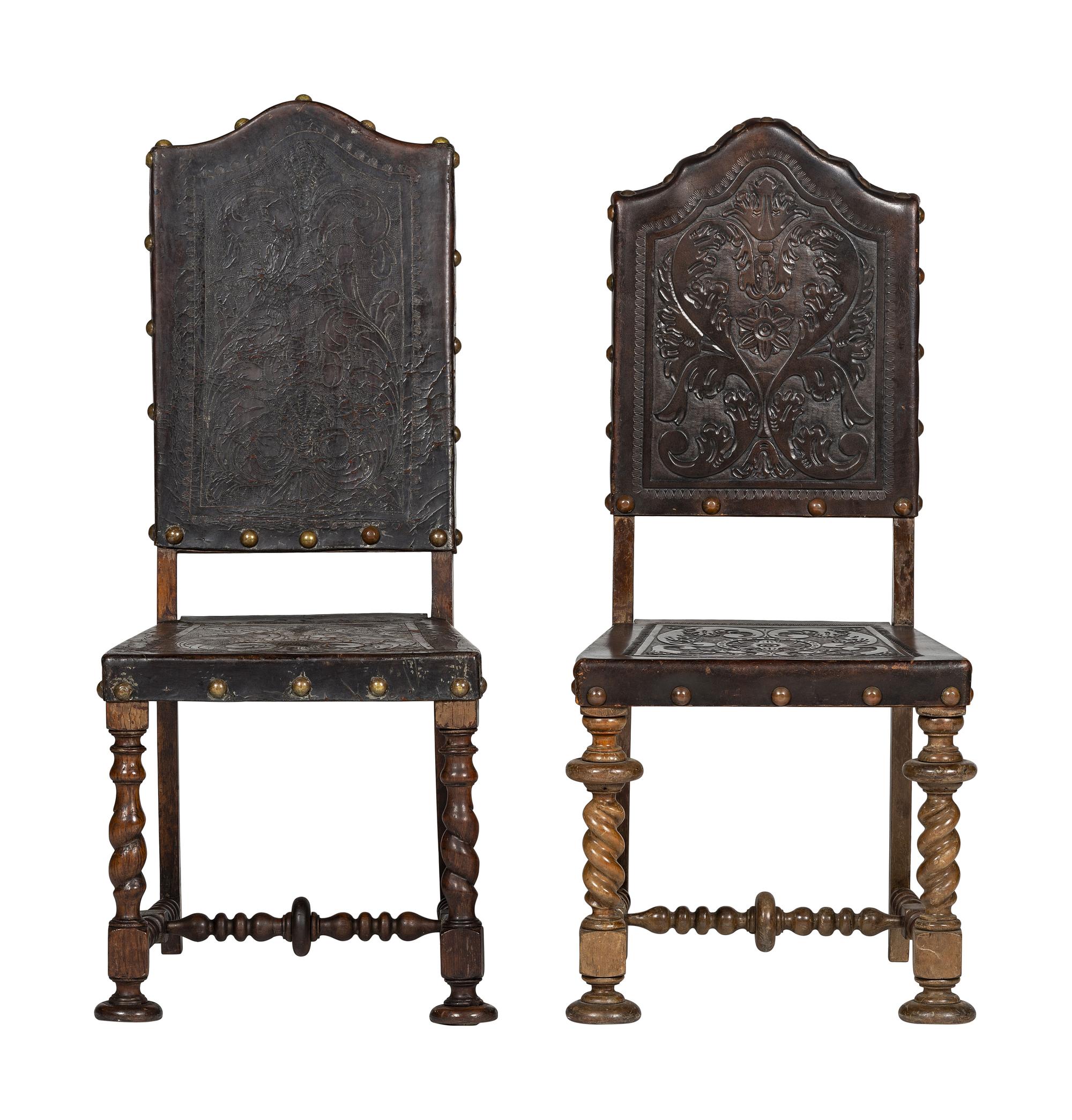 Six Mizner Carved Walnut and Embossed Leather Back Side Chairs