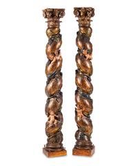 A Pair of Spanish Carved and Polychrome Decorated Solomonic Columns