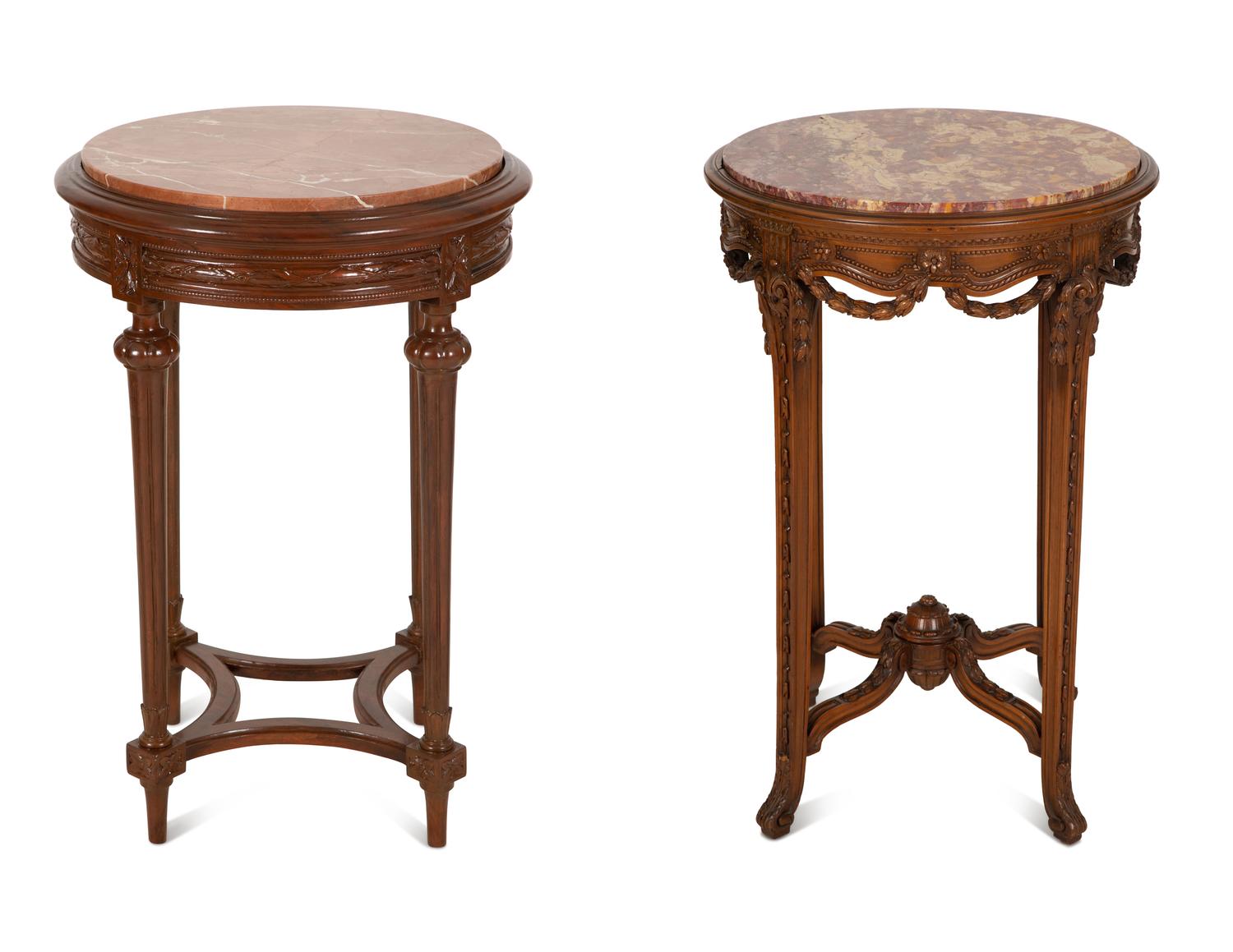 Two Louis XVI Style Carved Walnut Side Tables with Inset Marble Tops