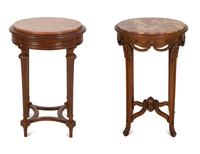 Two Louis XVI Style Carved Walnut Side Tables with Inset Marble Tops