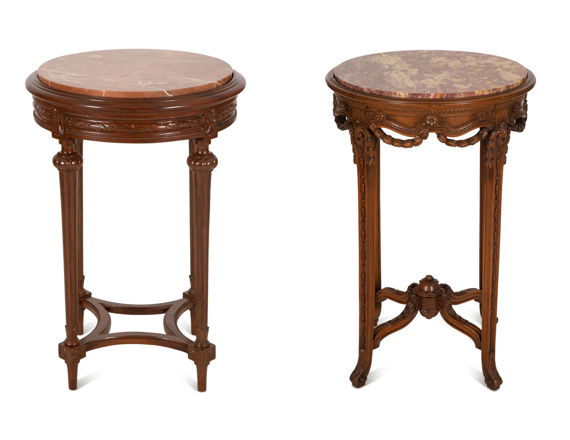 Two Louis XVI Style Carved Walnut Side Tables with Inset Marble Tops