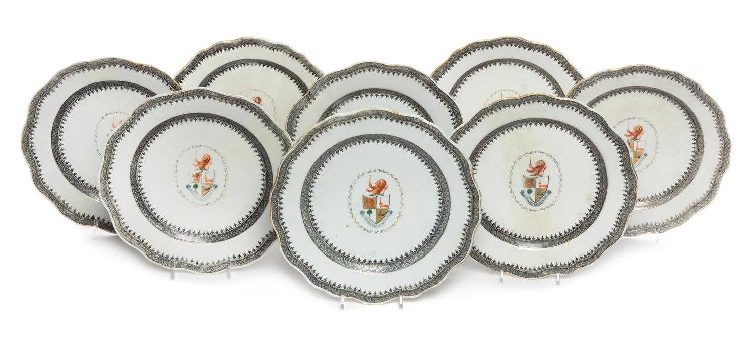 A Set of Eight Chinese Export Porcelain Armorial Plates Diameter 9 1/4 inches. — 18TH CENTURY