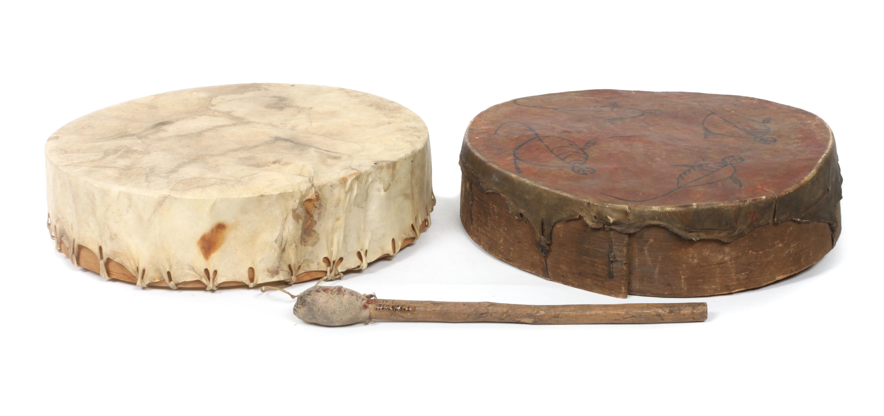 Two Southwestern Style Leather Drums Diameter of drum: 11 1/4 inches.