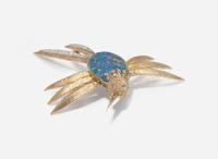 A 14K Yellow Gold, Black Opal, and Diamond Brooch