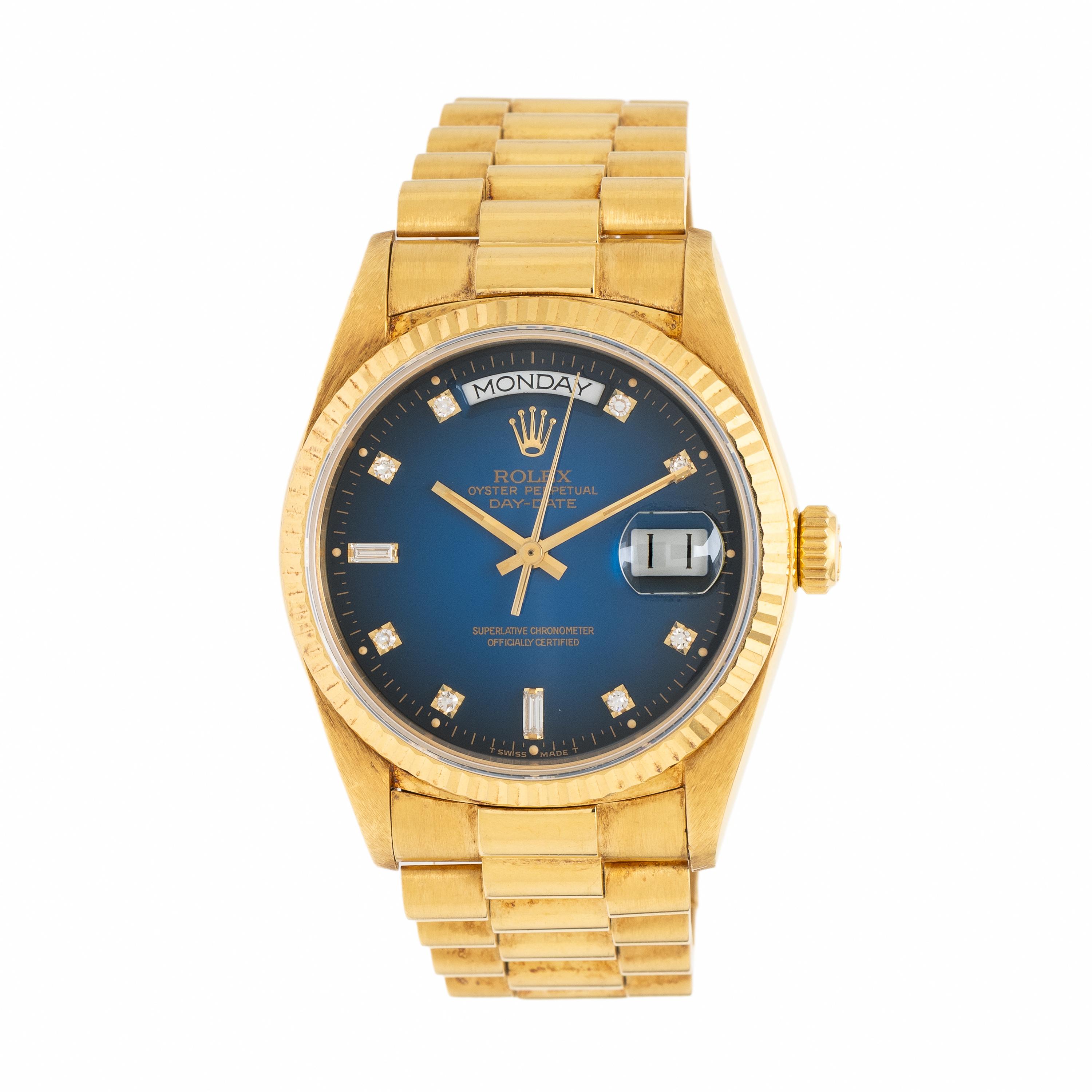 Rolex, Ref. 18038, 18K Yellow Gold 'Day-Date' Watch with Blue 'Vignette' Dial, with Box & Papers
