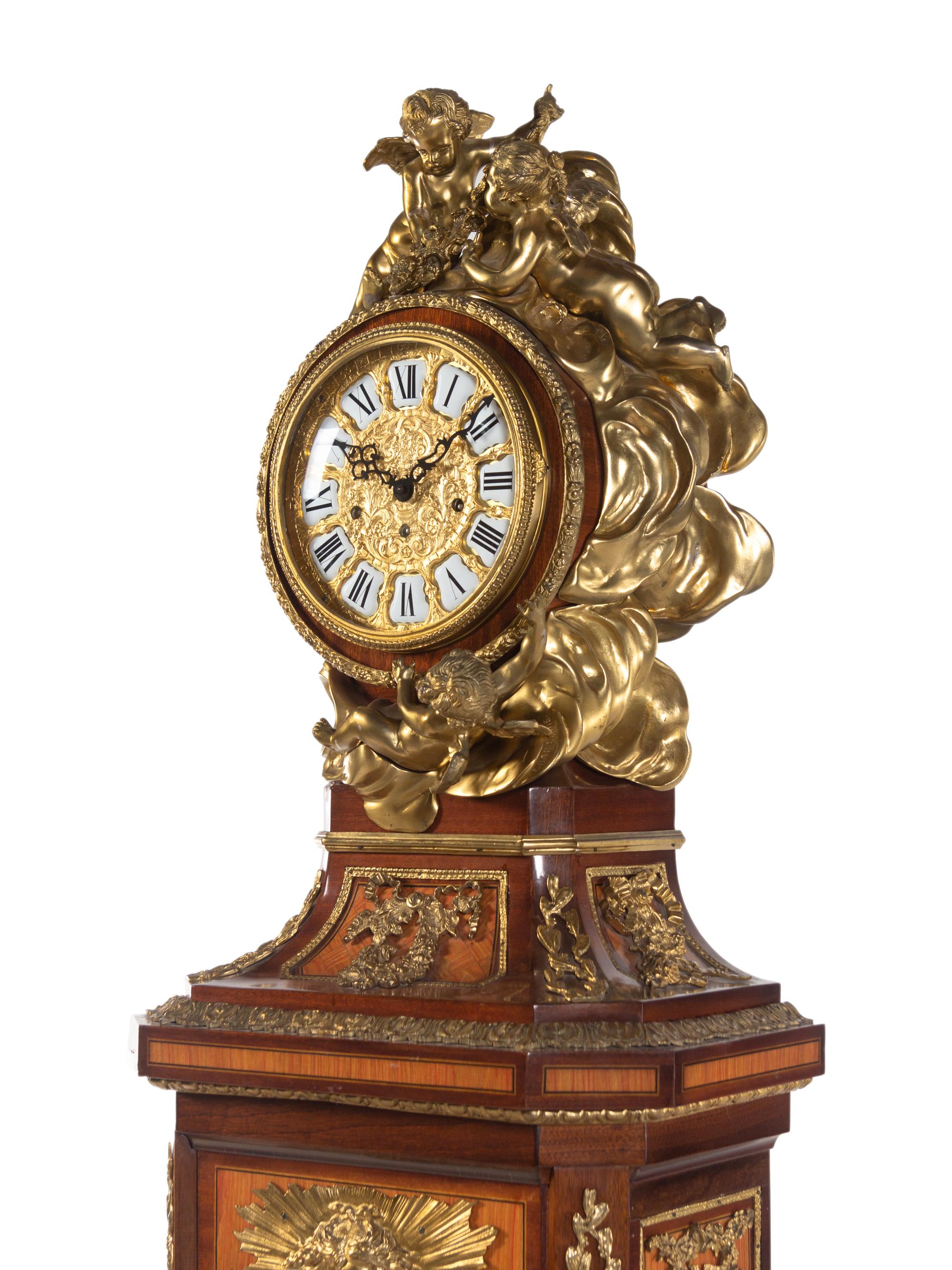 A Louis XVI Style Gilt Bronze Mounted Parquetry and Mahogany Régulateur de Pendule