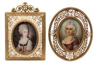 Two Continental Portrait Miniatures Larger example 3 3/8 x 2 1/2 inches. — 19TH/20TH CENTURY