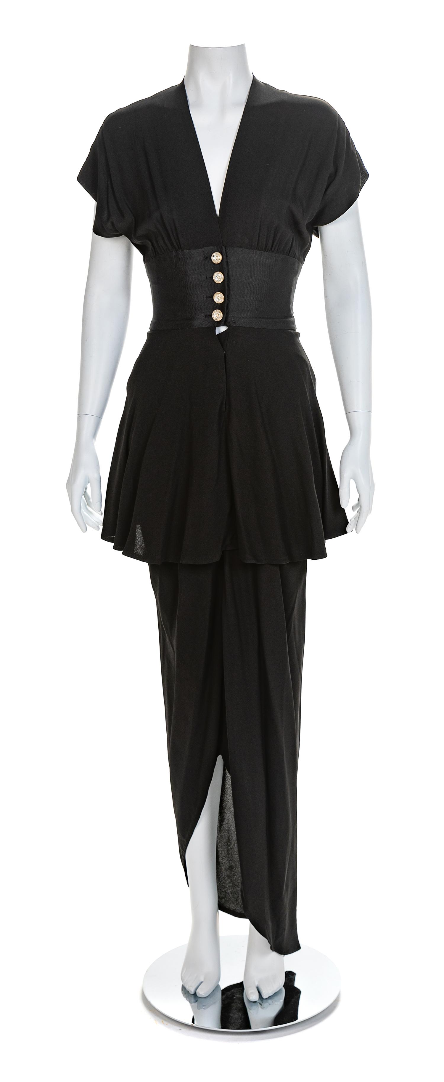 Traina-Norell Black Crepe Tiered Dress, 1940s No size label