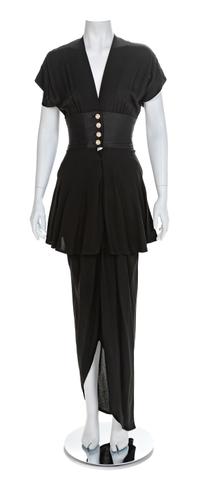 Traina-Norell Black Crepe Tiered Dress, 1940s No size label
