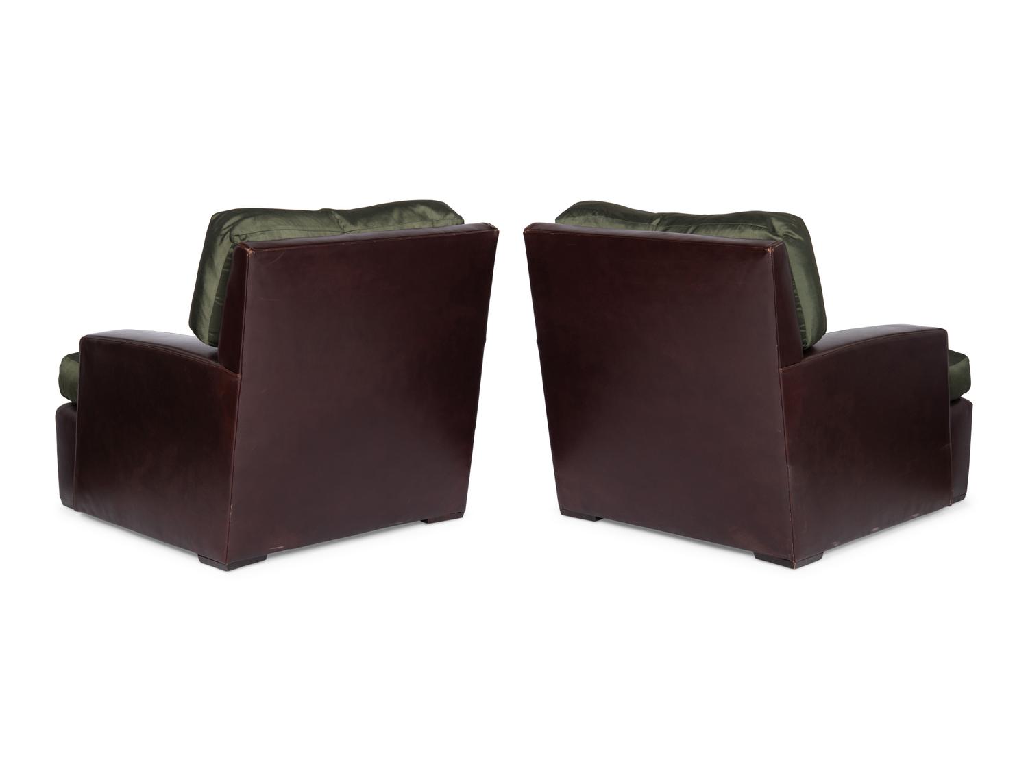 A Pair of Brown Leather and Green Silk Custom Armchairs
