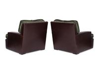 A Pair of Brown Leather and Green Silk Custom Armchairs