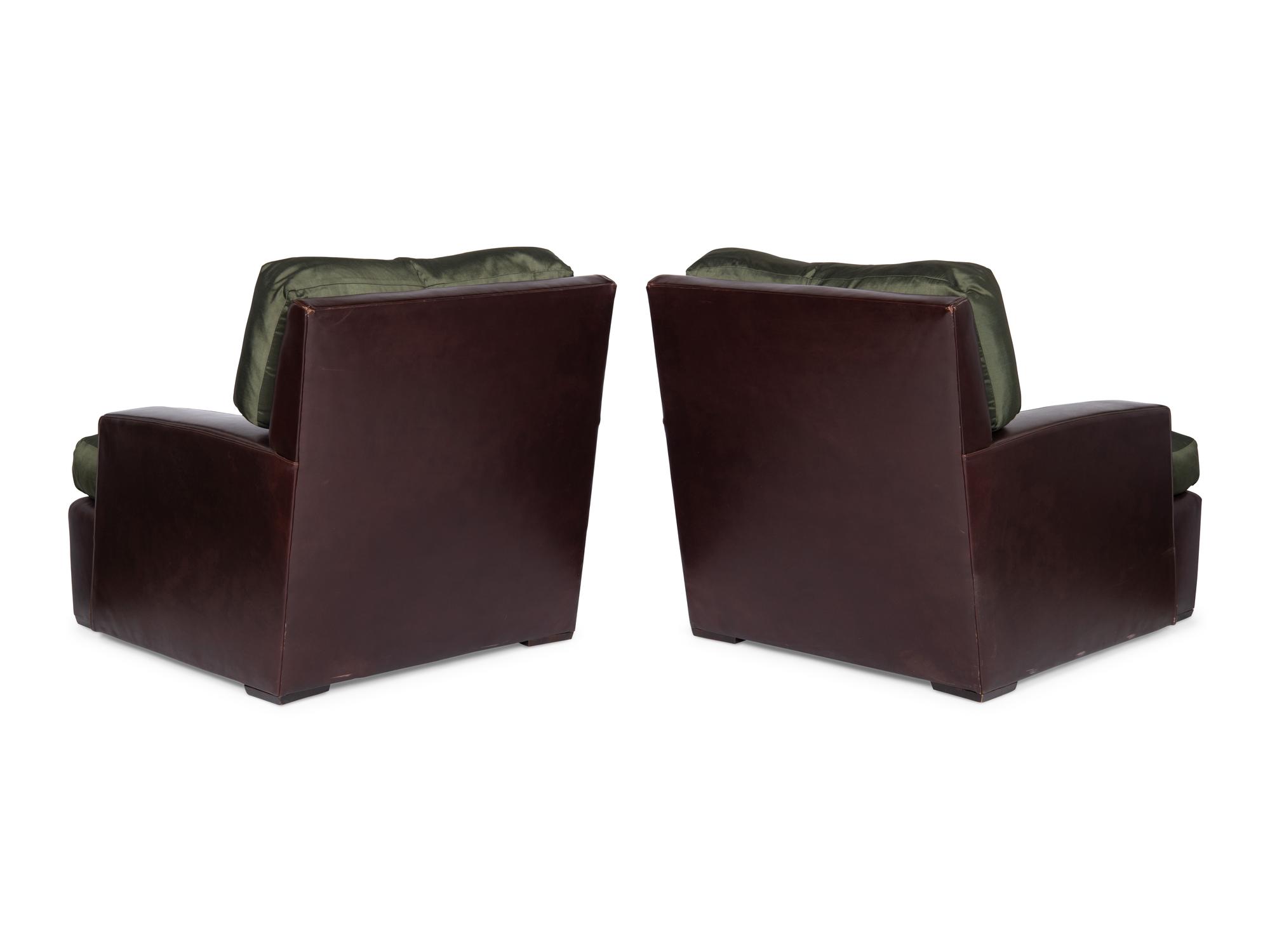 A Pair of Brown Leather and Green Silk Custom Armchairs