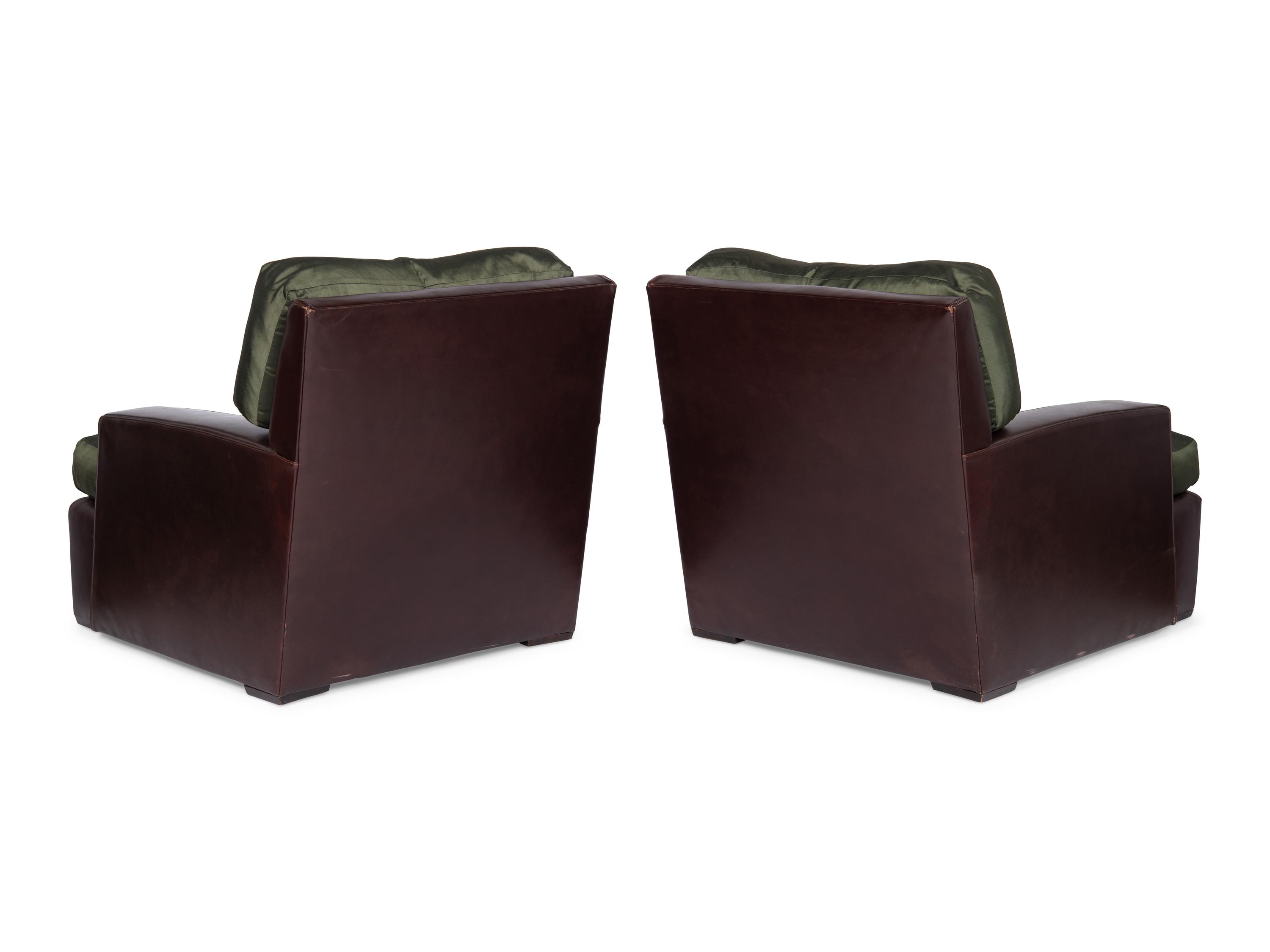 A Pair of Brown Leather and Green Silk Custom Armchairs