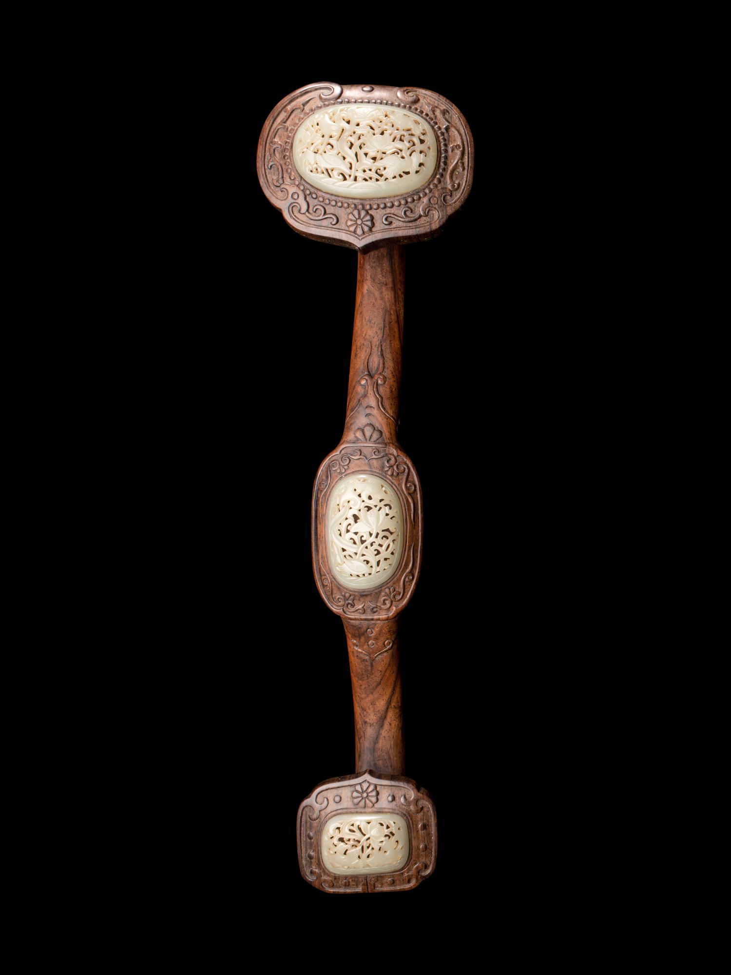 A Pair of Celadon Jade Inset Wood Ruyi Scepters