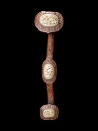 A Pair of Celadon Jade Inset Wood Ruyi Scepters